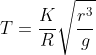 T=\frac{K}{R}\sqrt{\frac{r^{3}}{g}}