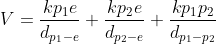 V=\frac{kp_1e}{d_{p_1-e}}+\frac{kp_2e}{d_{p_2-e}}+\frac{kp_1p_2}{d_{p_1-p_2}}