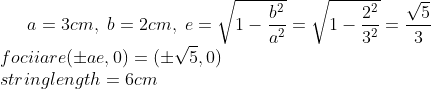 a=3cm,\ b=2cm,\ e=\sqrt{1-\frac{b^2}{a^2}}=\sqrt{1-\frac{2^2}{3^2}}=\frac{\sqrt{5}}{3}\\focii are(\pm ae, 0)=(\pm \sqrt{5},0)\\string length =6cm