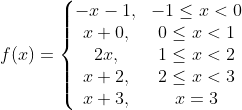 f(x)=\left\{\begin{matrix} -x-1, &-1\leq x<0 \\ x+0,&0\leq x<1 \\ 2x, &1\leq x<2 \\ x+2, & 2\leq x<3\\ x+3, & x=3 \end{matrix}\right.