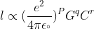 l\propto(\frac{e^{2}}{4\pi \epsilon _{^{\circ}}})^{P}G^{q}C^{r}