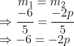 m_1=m_2\\\Rightarrow \frac{-6}{5}=\frac{-2p}{5}\\\Rightarrow -6=-2p
