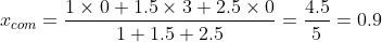 x_{com}=\frac{1\times0+1.5\times3+2.5\times0}{1+1.5+2.5}=\frac{4.5}{5}=0.9