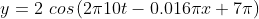 y=2\ cos\left (2\pi 10t-0.016\pi x+7\pi \right )