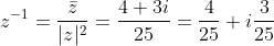 z^{-1}= \frac{\bar z}{|z|^2}= \frac{4+3i}{25}= \frac{4}{25}+i\frac{3}{25}